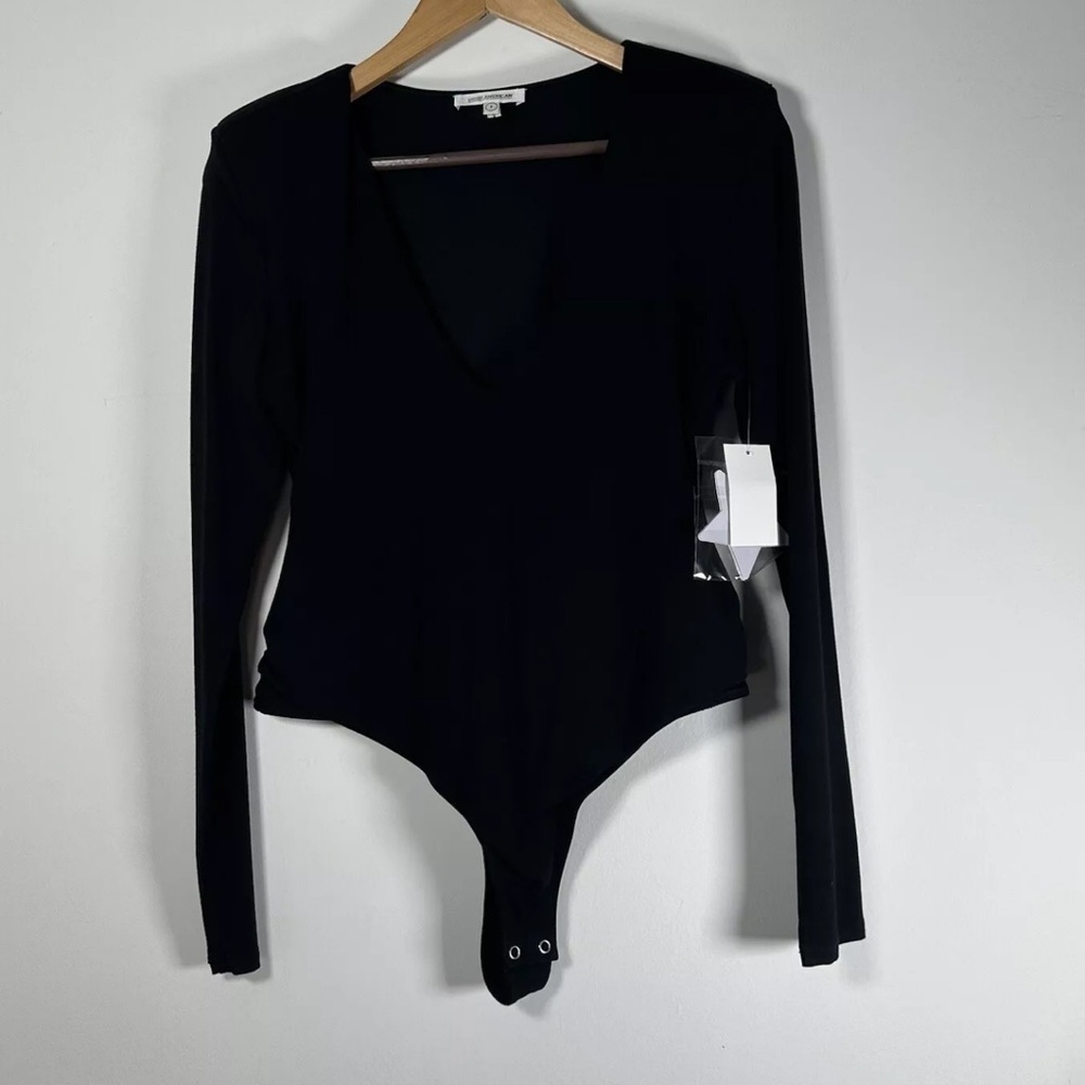 Good American Black Low Down Deep V Bodysuit Large New Shoulder Pad Long Sleeve - Picture 4 of 12